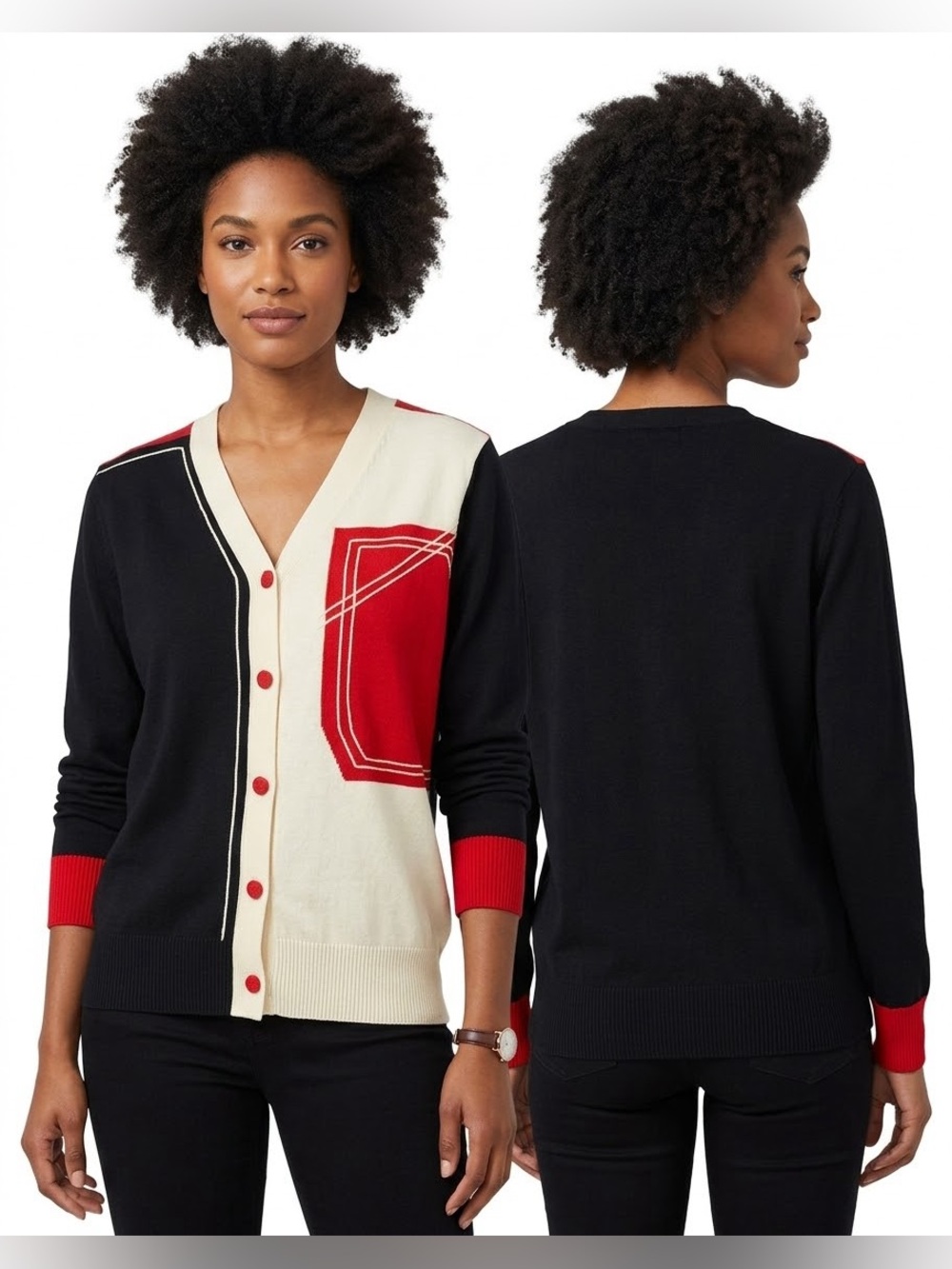 Colorblock V-Neck Cardigan Sweater in Black, Cream & Red